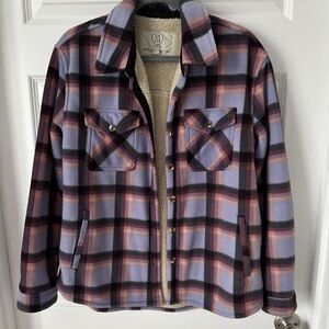 Sage Women's Plaid Plush Sherpa Lined Fleece Shirt Jacket Shacket Purple Blue M